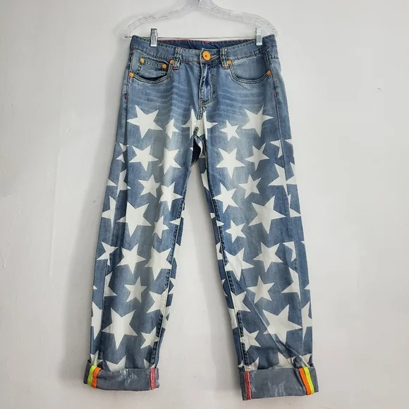 LalaBobo Light Wash Patched Lettered Y2K Jeans - Picture 1 of 10